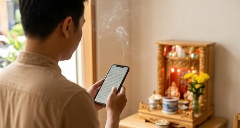 Chủ cửa hàng trang nghiêm nhìn vào điện thoại để đọc bài văn khấn Tết Đoan Ngọ tại cửa hàng