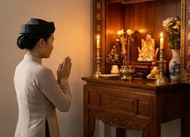 Gia chủ chắp tay thành kính đứng trước án gian, mắt hướng về bát hương và nhẩm đọc bài văn khấn truyền thống dâng lên tổ tiên