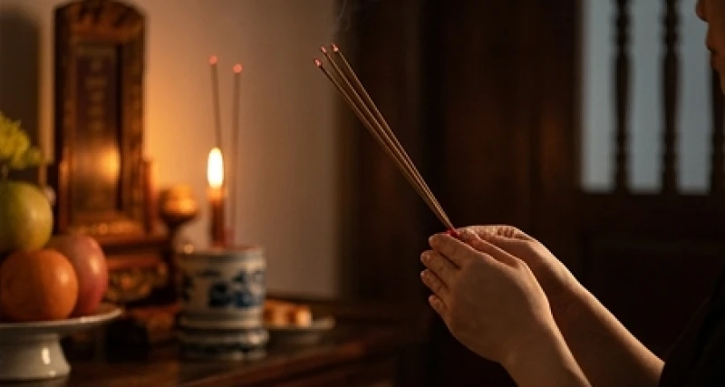 Gia chủ chắp tay nghiêm trang nhẩm đọc bài khấn Thần linh mùng 1 trước ban thờ gia tiên ấm cúng