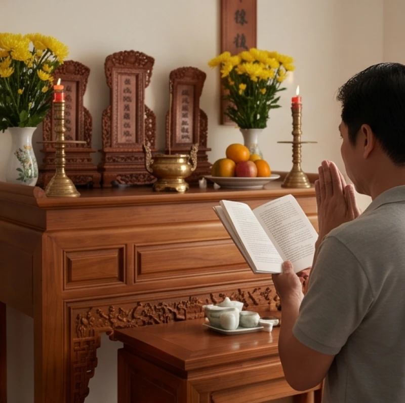 Gia chủ đứng chắp tay đọc bài văn khấn Thần linh Thổ công tại ban thờ chính