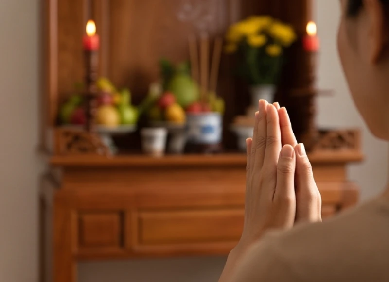 Người đàn ông chắp tay đọc bài văn khấn thần linh ngày rằm trước ban thờ gia tiên