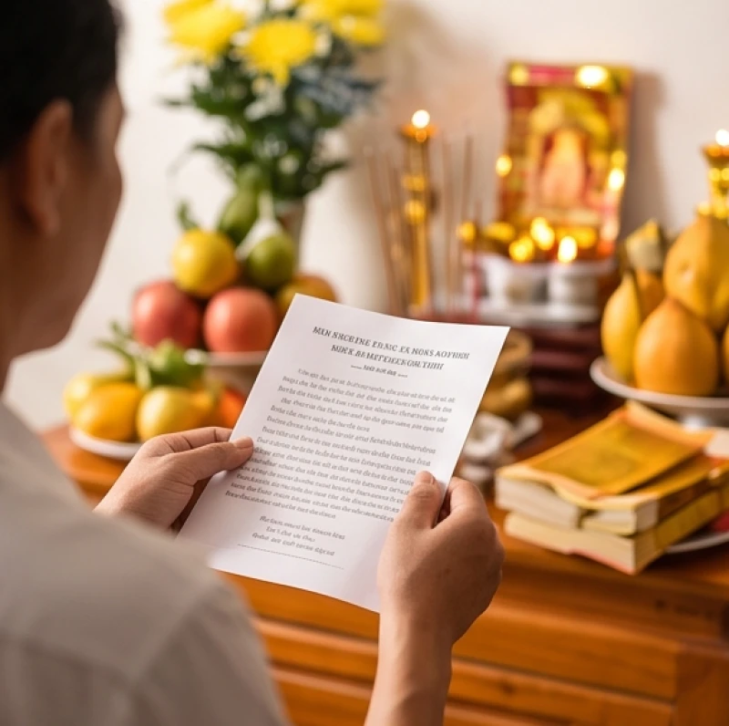 Văn khấn rằm tháng 7: Trình tự cúng bài bản và đúng nghi thức 5 Gia chủ cầm tờ văn khấn đứng trang nghiêm chắp tay trước mâm cúng thần linh và thổ công
