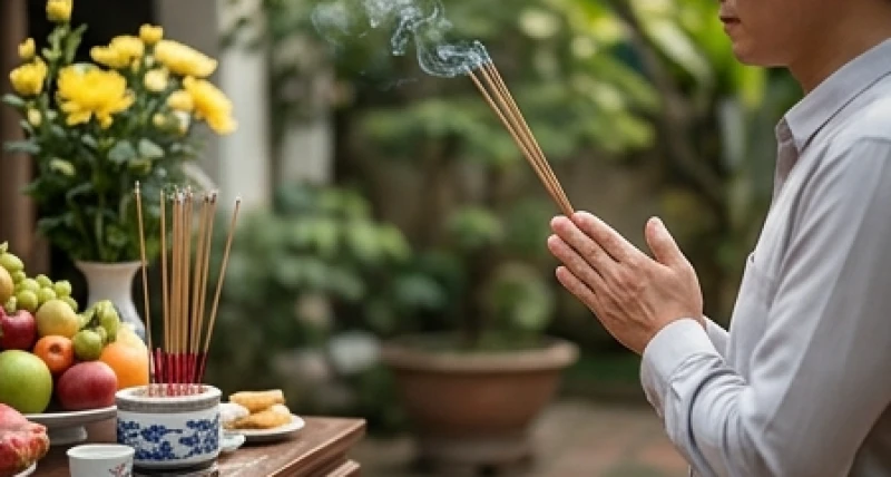 Chắp tay ngang ngực và giữ tư thế trang nghiêm khi đọc bài văn khấn rằm tháng giêng ngoài trời