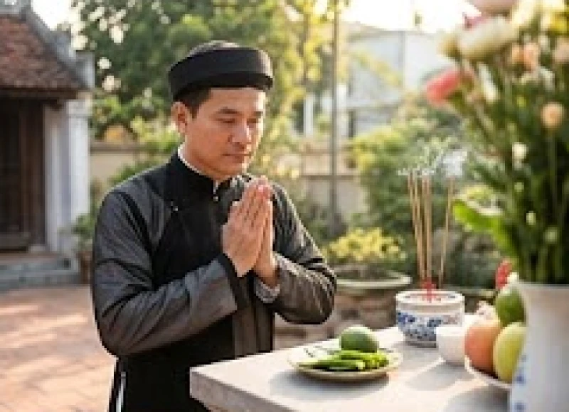 Người đàn ông trang nghiêm chắp tay đọc văn khấn trước bàn thờ ngoài sân ngập tràn ánh nắng