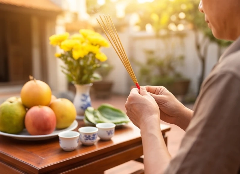 Văn khấn thần linh ngoài trời: Hướng bàn cúng và bài khấn chuẩn 7 Người làm lễ chắp tay cung kính đọc bài văn khấn thần linh ngoài trời trước mâm cúng