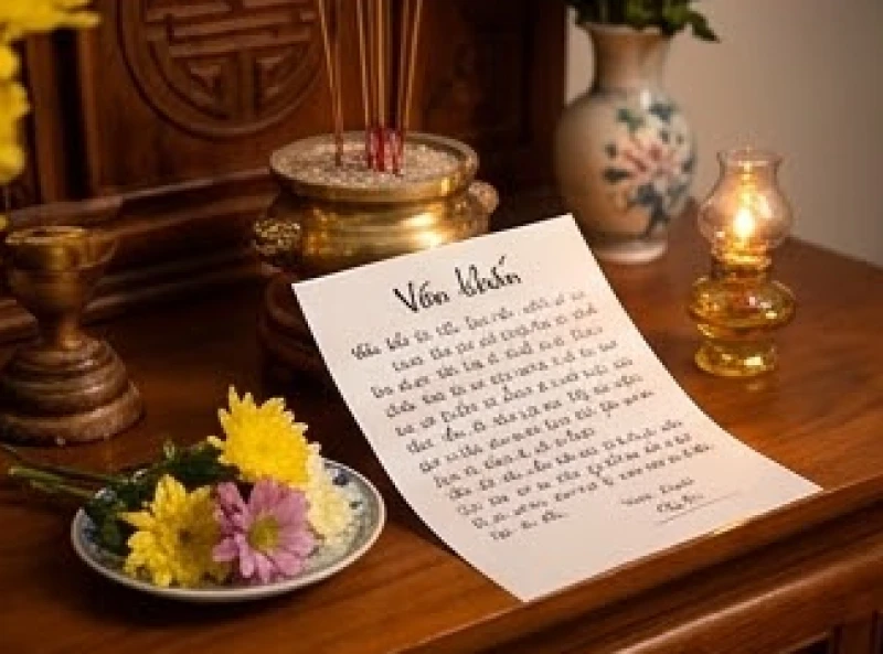 Tờ giấy ghi văn khấn rằm tháng giêng đặt cạnh đĩa hoa tươi trên bàn thờ Thần linh