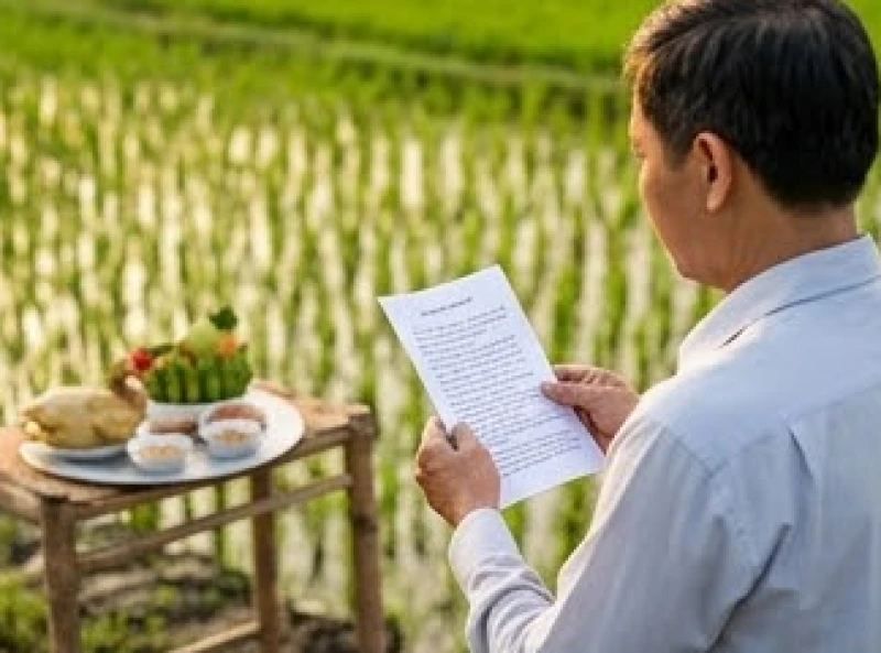 Người nông dân chắp tay cầm tờ giấy in bài văn khấn Thần Nông đọc trang nghiêm trước mâm cúng
