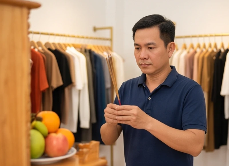 Văn khấn ngày rằm tại cửa hàng: Bài cúng Thần Tài và mâm lễ chuẩn 2 Chủ cửa hàng thắp hương và trang nghiêm đọc bài văn khấn Thần Tài ngày rằm
