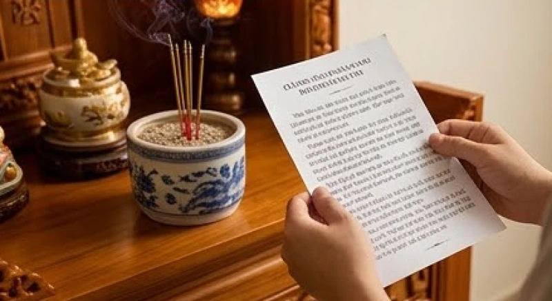 Đôi bàn tay cẩn thận cầm tờ giấy ghi bài văn khấn Thần Tài rằm tháng 7 đọc với thái độ thành kính trước bát nhang