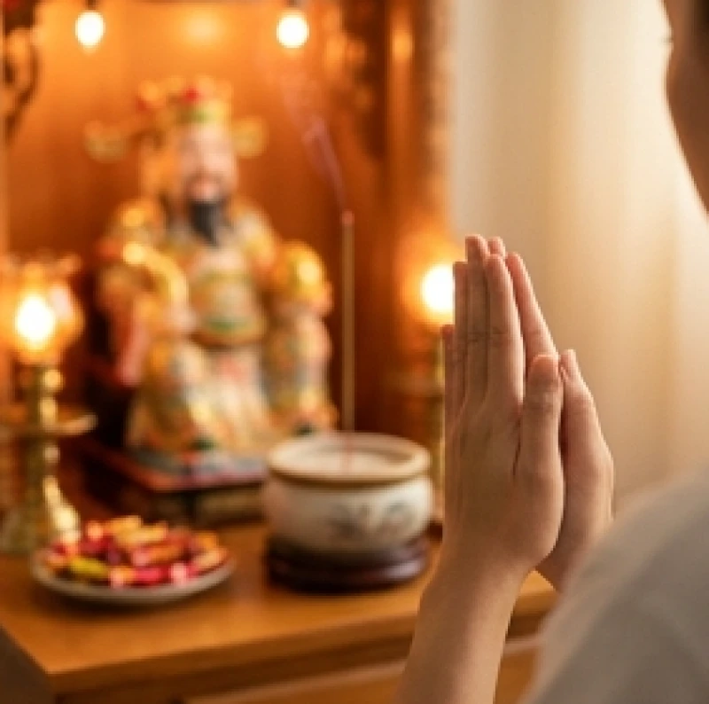 Chủ cửa hàng chắp tay trang nghiêm nhẩm đọc văn khấn Thần Tài hàng ngày trước ban thờ