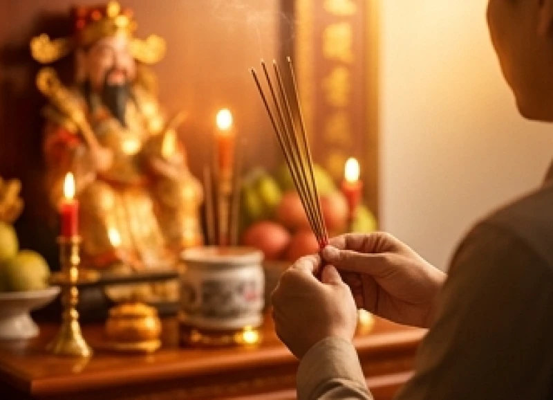 Gia chủ chắp tay thành kính đọc bài văn khấn Thần Tài mùng 10 tháng Giêng trước bàn thờ