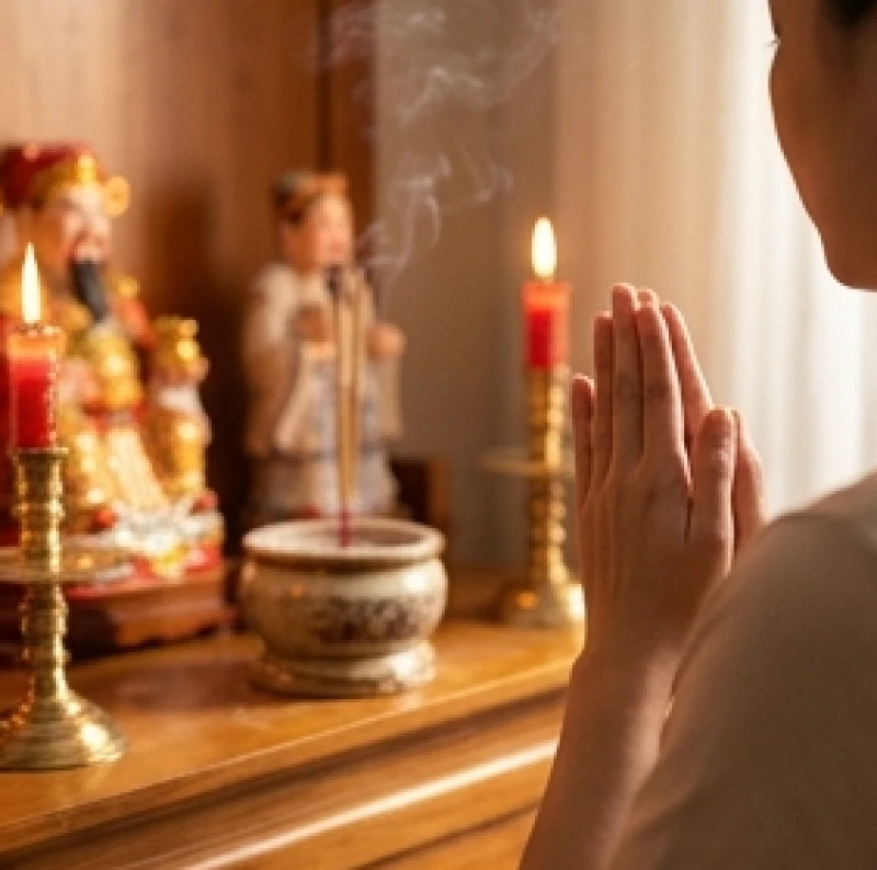 Văn khấn Thần Tài mùng 1 Tết: Bài cúng chiêu tài, giờ hoàng đạo 3 Gia chủ chắp tay thành tâm hướng về bàn thờ Thần Tài trong không gian tĩnh lặng sáng mùng 1