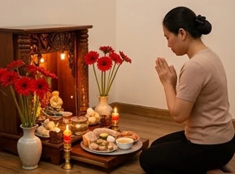 Gia chủ thành tâm chắp tay đọc bài khấn trước ban Thần Tài Thổ Địa dịp rằm tháng Giêng