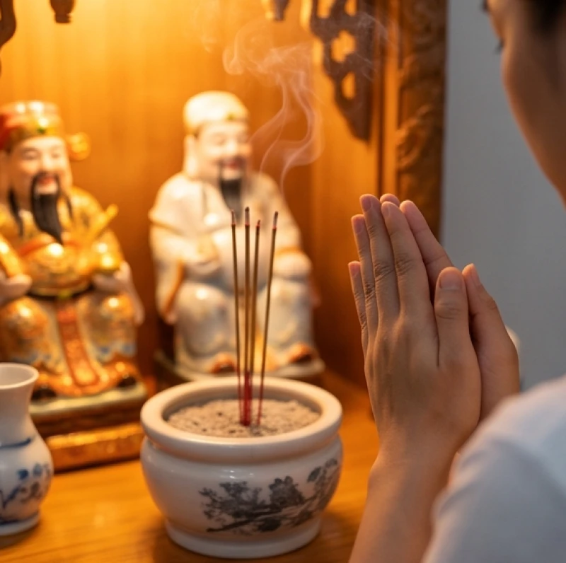 Người hành lễ chắp tay ngang ngực thành kính đứng trước ban thờ Thần Tài nghi ngút khói nhang