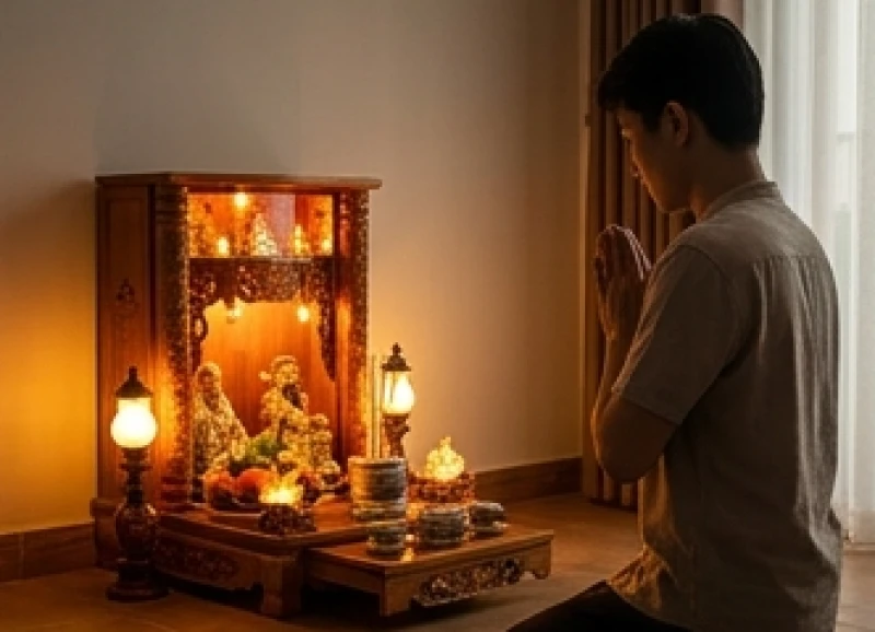 Văn khấn Thần Tài: Bài cúng chuẩn nghi thức cho từng dịp 2 Người dâng lễ chắp tay trang nghiêm đọc văn khấn Thần Tài hàng ngày tại cửa hàng