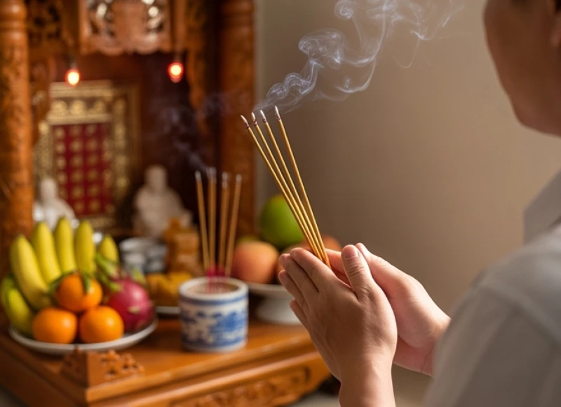 Gia chủ chắp tay thành tâm đọc bài văn khấn xin lộc Thần Tài trước ban thờ với khói nhang nghi ngút
