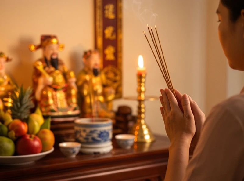 Gia chủ chắp tay thành kính đọc bài văn khấn Thần Tài chiều 30 Tết trước ban thờ sáng đèn