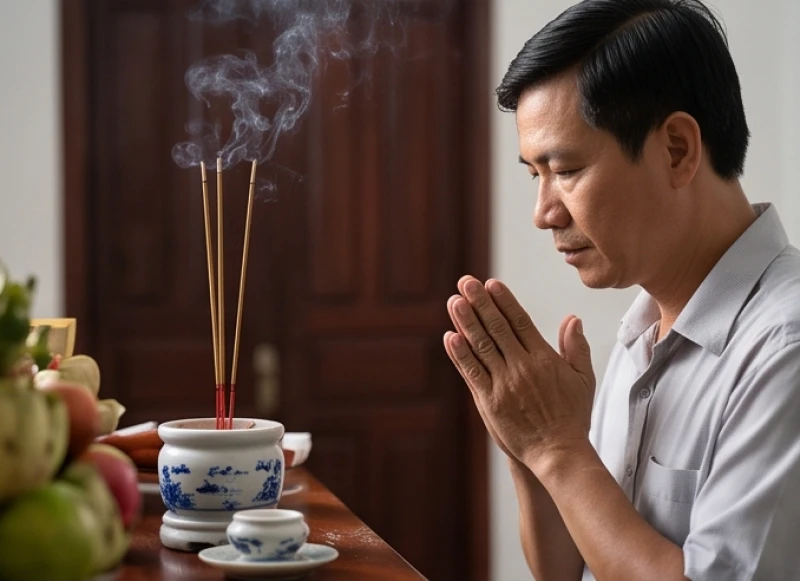 Gia chủ chắp tay nghiêm trang đọc bài văn khấn Thanh Minh trước ban thờ gia tiên trong nhà