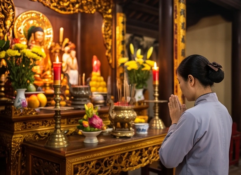 Người hành hương chắp tay nghiêm trang nhẩm đọc bài văn khấn cầu công danh