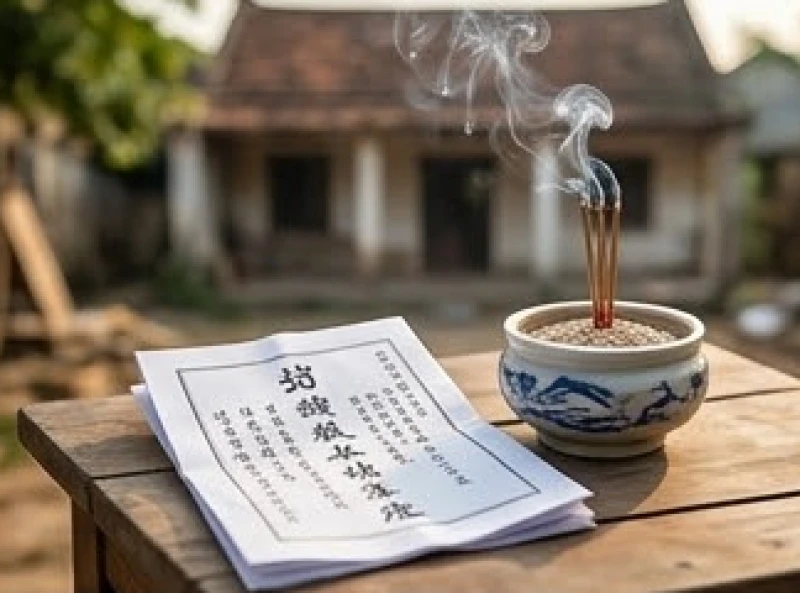 Văn khấn tháo dỡ nhà cũ: Bài cúng chuẩn và thủ tục thực địa 6 Tờ sớ ghi chép cẩn thận nội dung bài khấn đặt cạnh bát hương đang nghi ngút khói trên bàn lễ ngoài trời