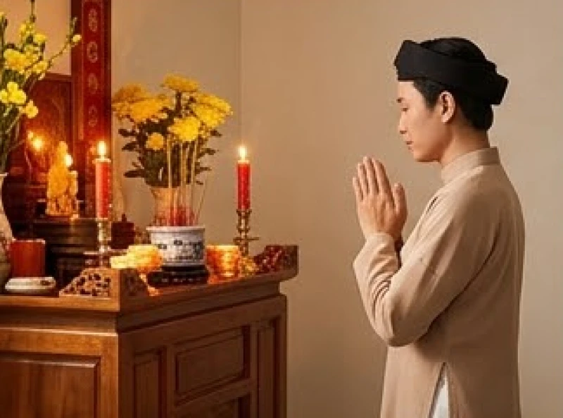 Văn khấn gia tiên mùng 2 Tết: Bài cúng chuẩn truyền thống 5 Gia chủ mặc trang phục lịch sự chắp tay đứng nghiêm trang thắp hương và xướng đọc văn khấn gia tiên mùng 2 Tết
