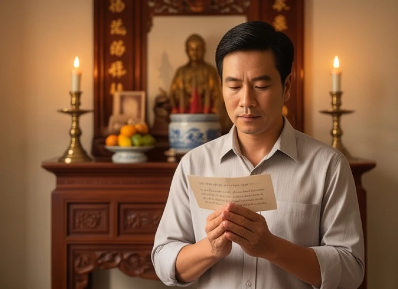 Phụ huynh chắp tay đọc văn khấn cầu thi cử với phong thái trang nghiêm trước ban thờ Thổ Công