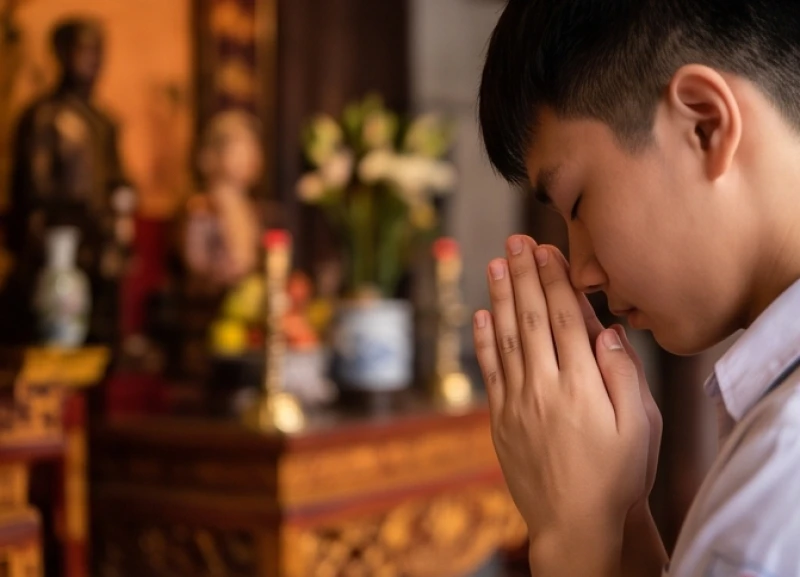 Sĩ tử đứng nhắm mắt chắp tay, thành tâm đọc bài văn khấn cầu thi cử đỗ đạt trước ban thờ Đức Khổng Tử