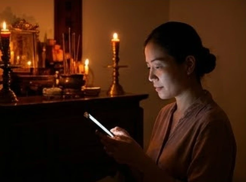 Không thuộc văn khấn có được đọc từ giấy không: Quy tắc chuẩn 5 Người phụ nữ dùng ánh sáng từ màn hình điện thoại để đọc rõ bài khấn trong phòng thờ lờ mờ