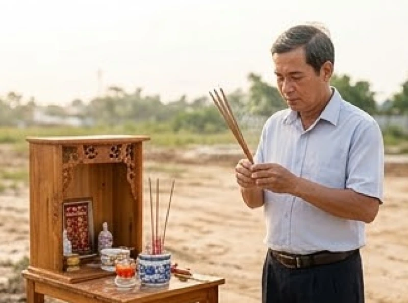 Người đàn ông cầm nhang thành kính đọc bài văn khấn Thổ Công tại công trường