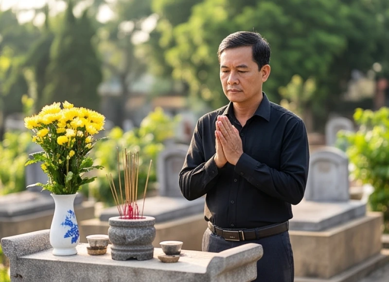 Văn khấn tạ mộ đầu năm: Bài cúng chuẩn và quy trình hạ lễ 6 Người chủ lễ chắp tay trang nghiêm đọc bài văn khấn tạ mộ đầu năm dâng Thần linh tại ban thờ chung của khu nghĩa trang