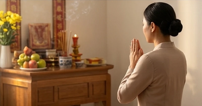 Văn khấn hóa vàng Thổ Công: Bài cúng riêng, mâm lễ và giờ đẹp 7 Gia chủ chắp tay trang nghiêm đọc văn khấn hóa vàng Thổ Công trước ban thờ