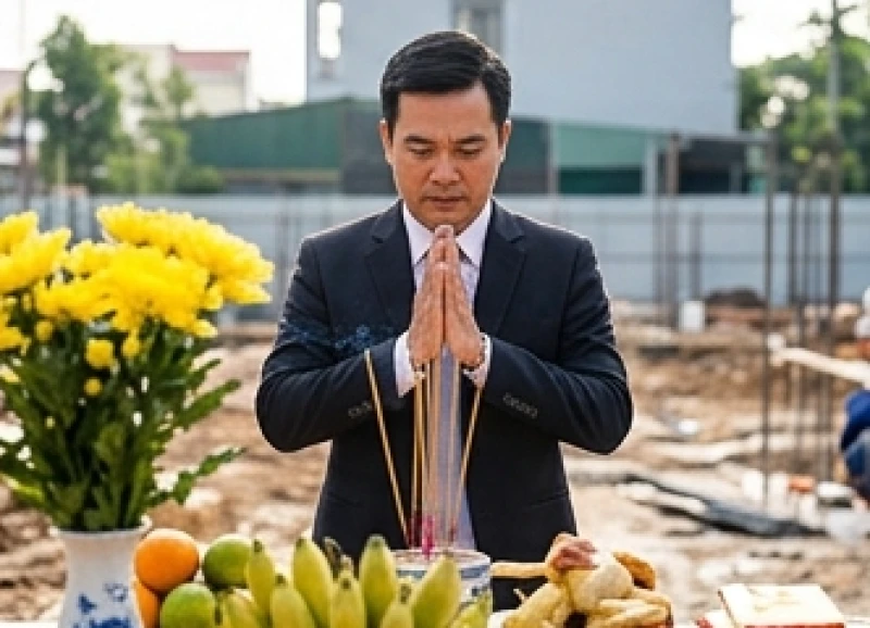 Người đàn ông mặc trang phục chỉnh tề đang thành kính đứng chắp tay đọc bài văn khấn đổ móng nhà ngoài công trường
