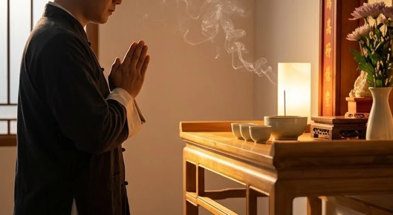 Gia chủ ăn mặc trang nghiêm đang đứng chắp tay khấn vái trước bàn thờ Thổ Công mới lập