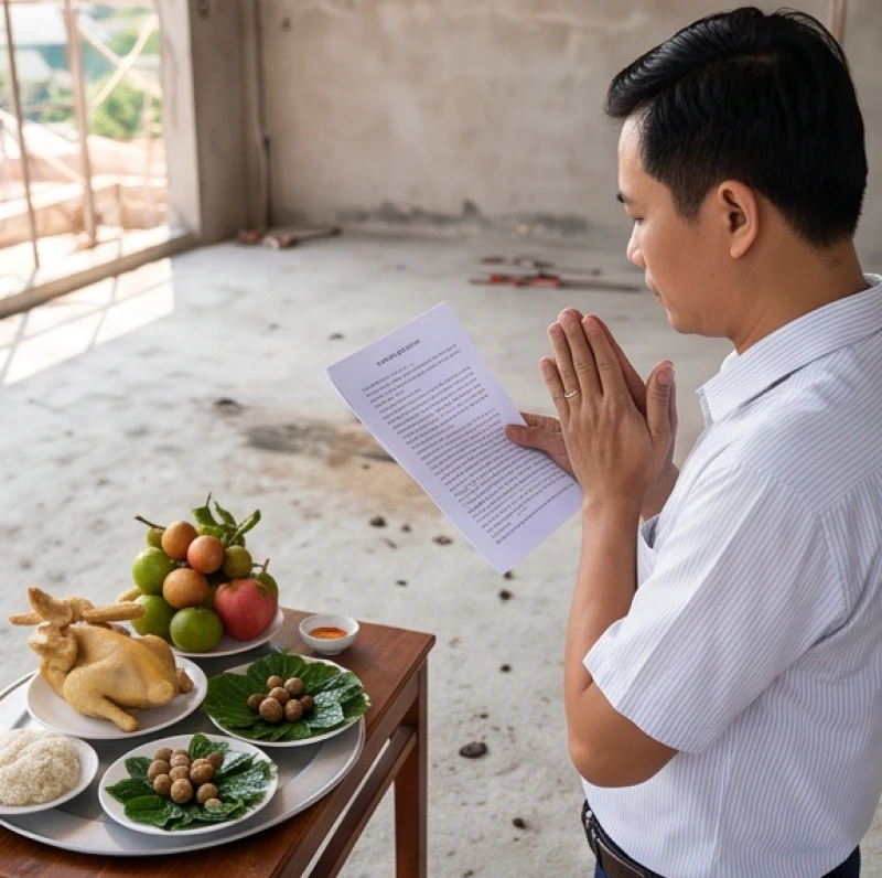 Gia chủ đứng chắp tay trang nghiêm đọc rõ bài văn khấn thượng lương trước bàn cúng đặt ở công trường