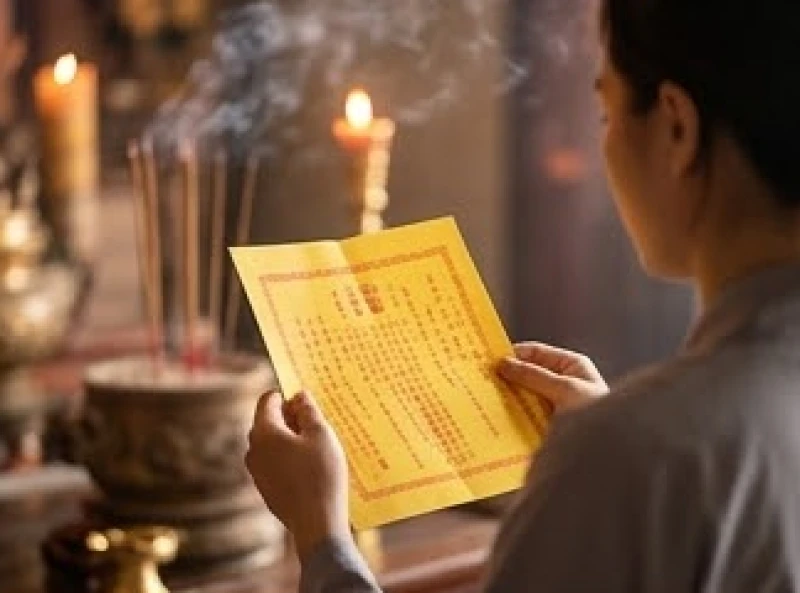 Người hành lễ tập trung đọc nhẩm lá sớ ghi rõ họ tên và mong ước tình duyên trước tượng thần linh