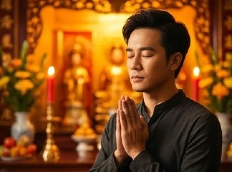 Nghệ sĩ nam nhắm mắt chắp tay, thành tâm đọc thuộc bài văn khấn tổ nghề sân khấu trước bài vị Tam vị Thánh Tổ