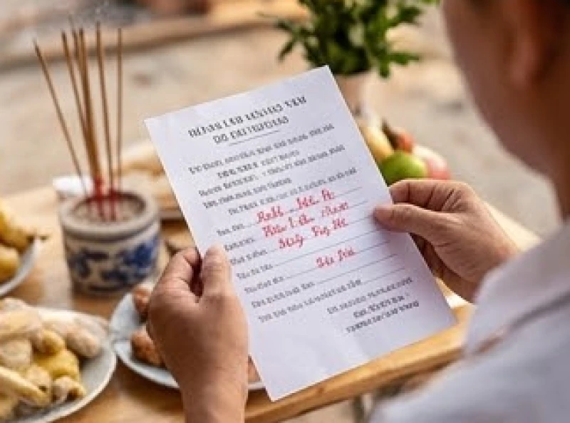 Gia chủ cầm tờ giấy đỏ in sẵn văn khấn tổ nghề xây dựng, đọc to và rõ ràng từng lời cầu nguyện trước bàn lễ