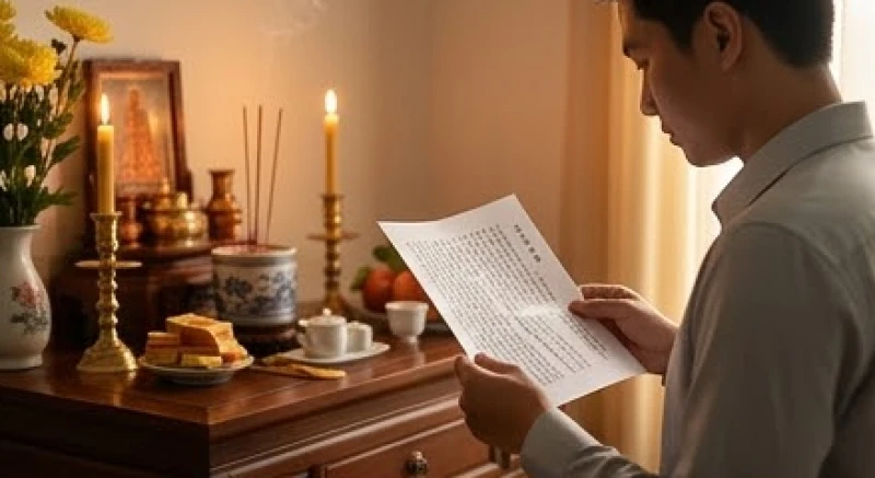 Văn khấn gia tiên rằm tháng 7 chuẩn cổ truyền và cách sắm lễ 2 Người đàn ông trang nghiêm cầm tờ văn khấn đứng trước bàn thờ gia tiên rực sáng