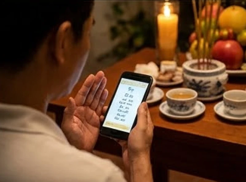 Văn khấn giao thừa ngoài trời: Bài cúng chuẩn và cách đặt mâm 10 Người cúng chắp tay cầm chiếc điện thoại thông minh đang mở sẵn bài văn khấn với cỡ chữ lớn dễ đọc