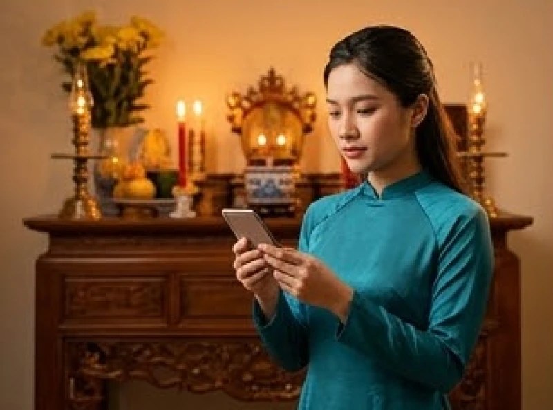Văn khấn giao thừa trong nhà: Bài cúng chuẩn và quy tắc hành lễ 9 Chủ lễ nâng điện thoại thông minh ngang ngực để đọc bài khấn trong khi thiết bị đã bật chế độ máy bay