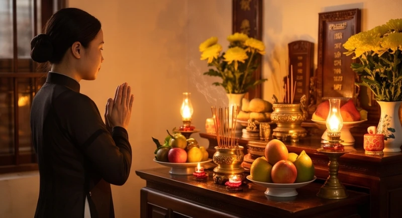 Văn khấn xin đài âm dương gia tiên: Mẫu bài cúng và quy tắc gieo 3 Gia chủ mặc trang phục chỉnh tề chắp tay đọc bài văn khấn xin đài âm dương trước bàn thờ tổ tiên