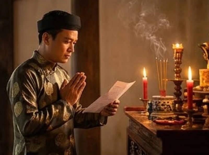 Người đàn ông mặc trang phục lịch sự chắp tay đọc bài văn khấn tạ lễ