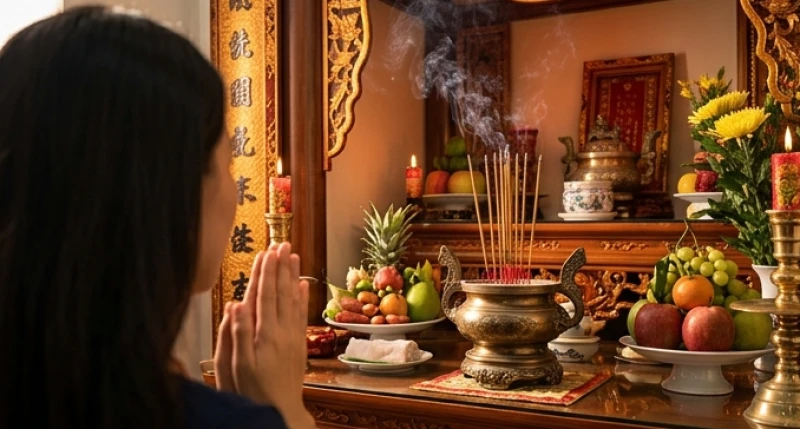 Gia chủ chắp tay nghiêm trang, mắt hướng về trung tâm bàn thờ đọc rõ ràng bài văn khấn cầu bình an gia đạo
