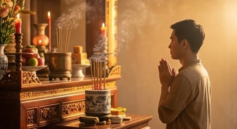 Tín chủ đứng chắp tay trang nghiêm đọc bài văn khấn cầu bình an trước ban thờ Tứ phủ