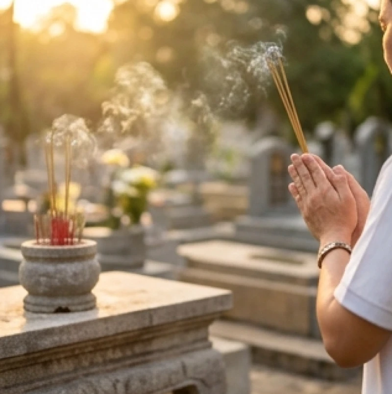 Người dâng lễ chắp tay thành kính đọc bài văn khấn xin lộc trước ban thờ khói nhang nghi ngút
