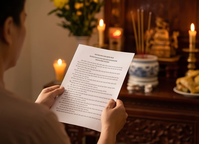 Văn khấn xả tang: Bài cúng chuẩn, sắm lễ và cách xử lý bàn thờ 8 Gia chủ chắp tay nghiêm trang xướng đọc bản văn khấn xả tang trước bàn thờ trong không khí tĩnh lặng
