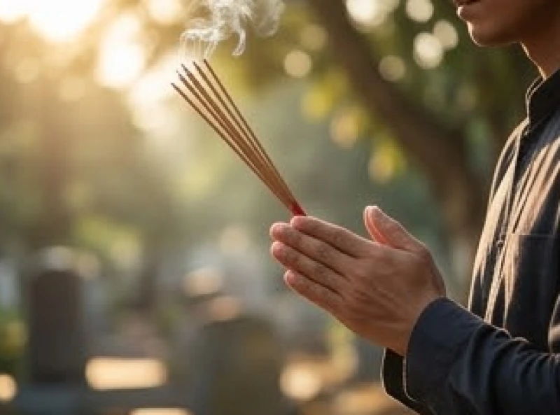 Người đàn ông chắp tay cầm nhang thành kính đọc văn khấn trước phần mộ