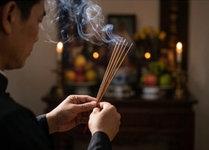Trưởng nam thành tâm cầm hương chắp tay cung kính đọc văn khấn Lễ Cải Cát trước bàn thờ gia tiên