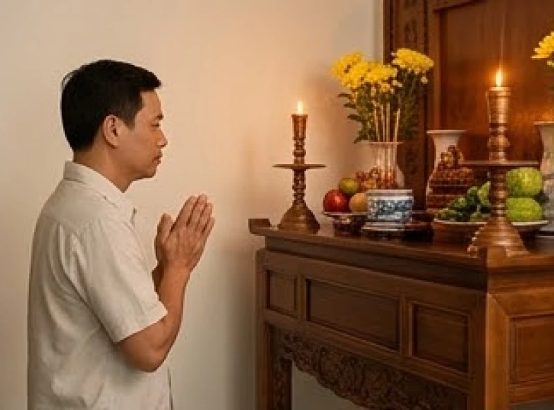 Người đàn ông trung niên chắp tay thành kính đọc bài văn khấn chuyển bàn thờ xin phép Thổ Công và gia tiên