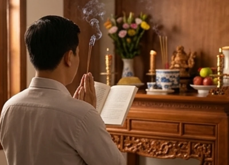 Văn khấn hạ bàn thờ để chuyển nhà: Bài cúng chuẩn và cách hạ đồ 8 Gia chủ chắp tay thành kính đọc bài văn khấn xin hạ bàn thờ trước không gian thờ gia tiên nghi ngút khói nhang